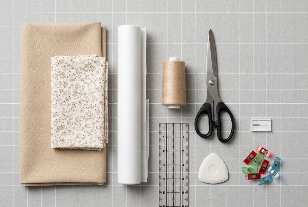Flat lay of sewing supplies for a tote bag including canvas fabric, thread, interfacing, and cutting tools