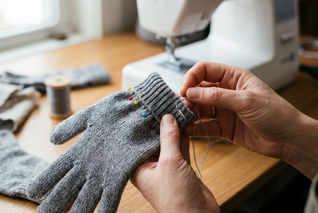 Hands sewing a rib-knit cuff onto the wrist opening of a finished glove