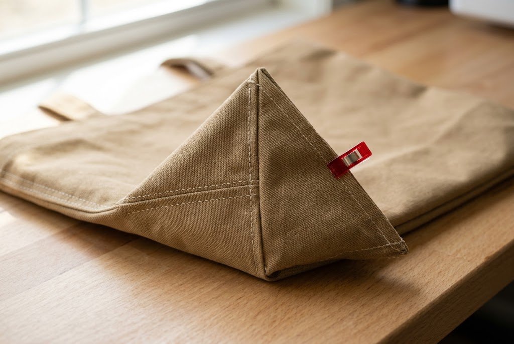 Boxed corner of a tote bag with side and bottom seams aligned into a flattened triangle before sewing