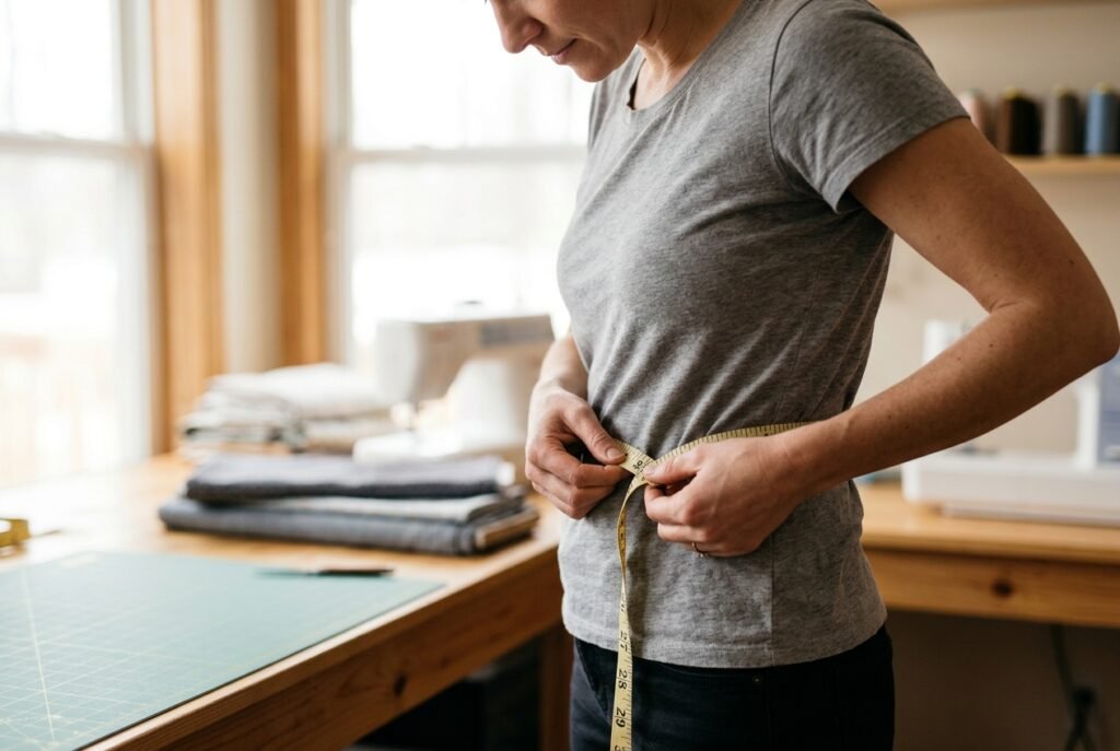 Person measuring their waist with a tailor's tape measure