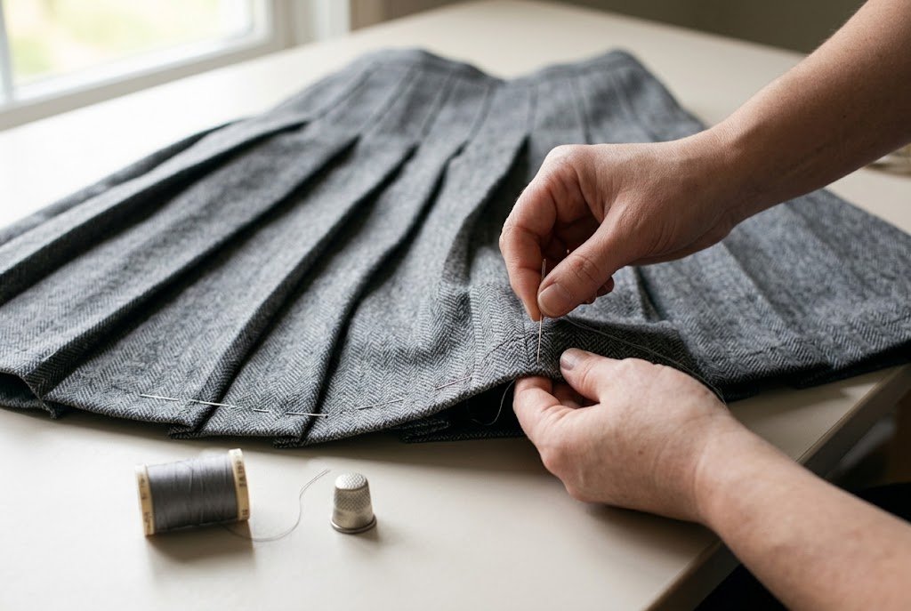 Hand hemming a pleated skirt while keeping the folds aligned