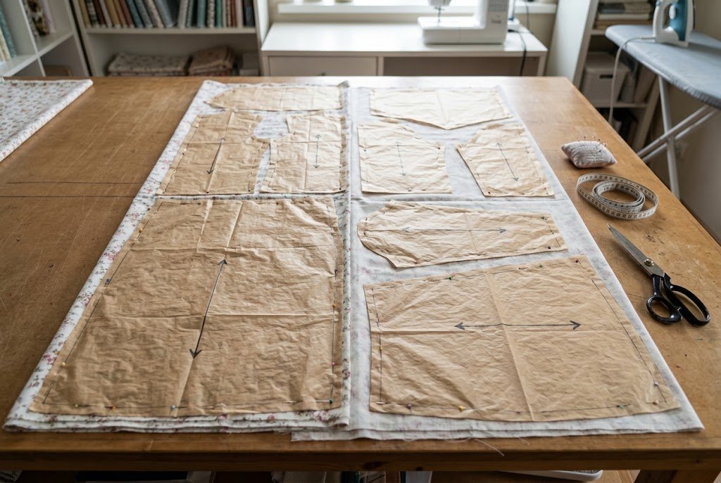 Tissue pattern pieces pinned onto folded fabric before cutting