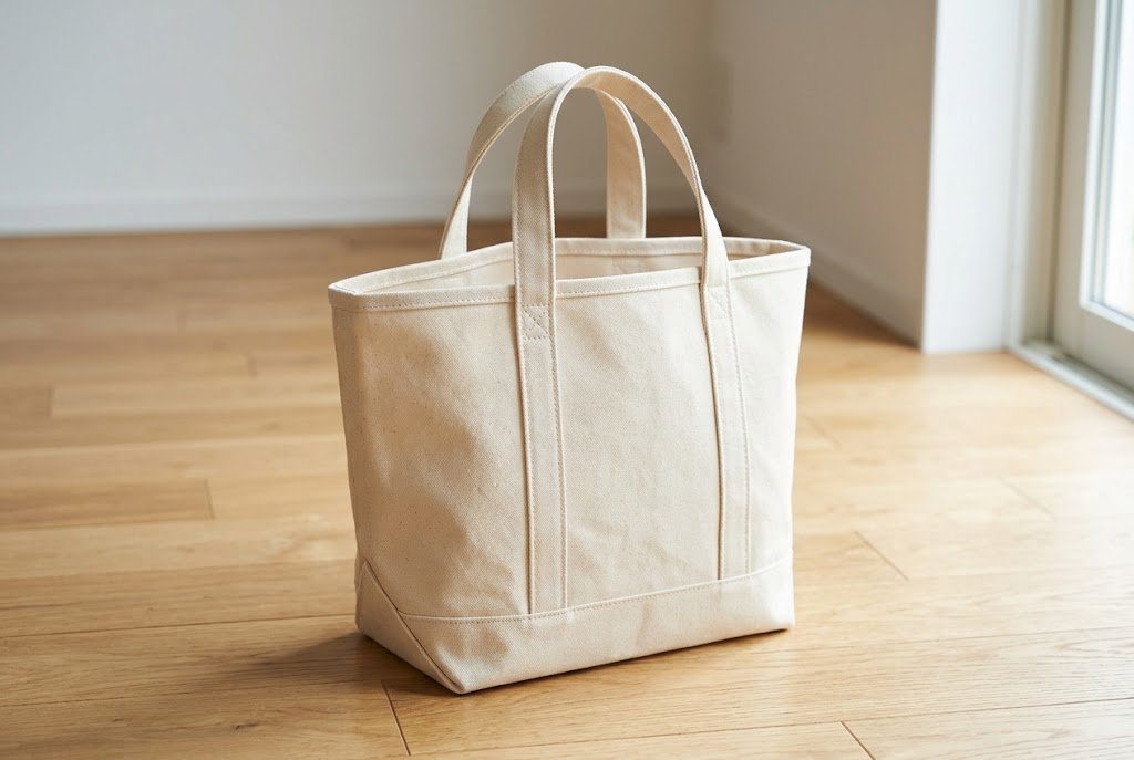 Empty canvas tote bag standing upright on its own due to a reinforced flat bottom