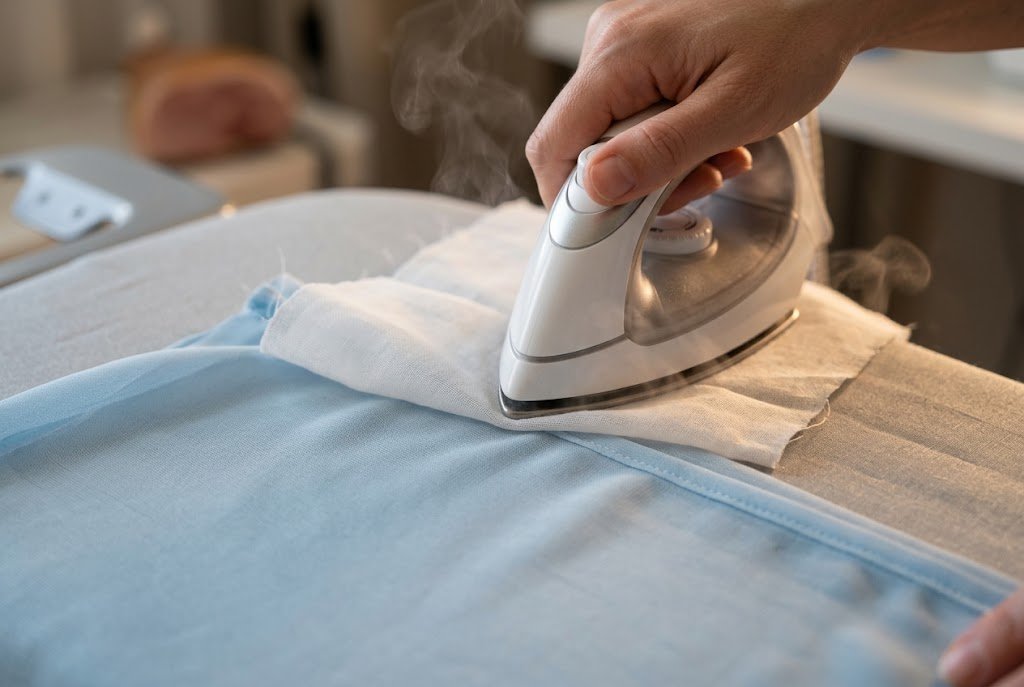 Pressing a French seam on delicate fabric using a pressing cloth