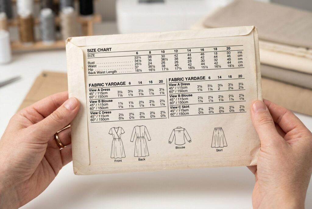 Back of a sewing pattern envelope showing size chart and fabric yardage information