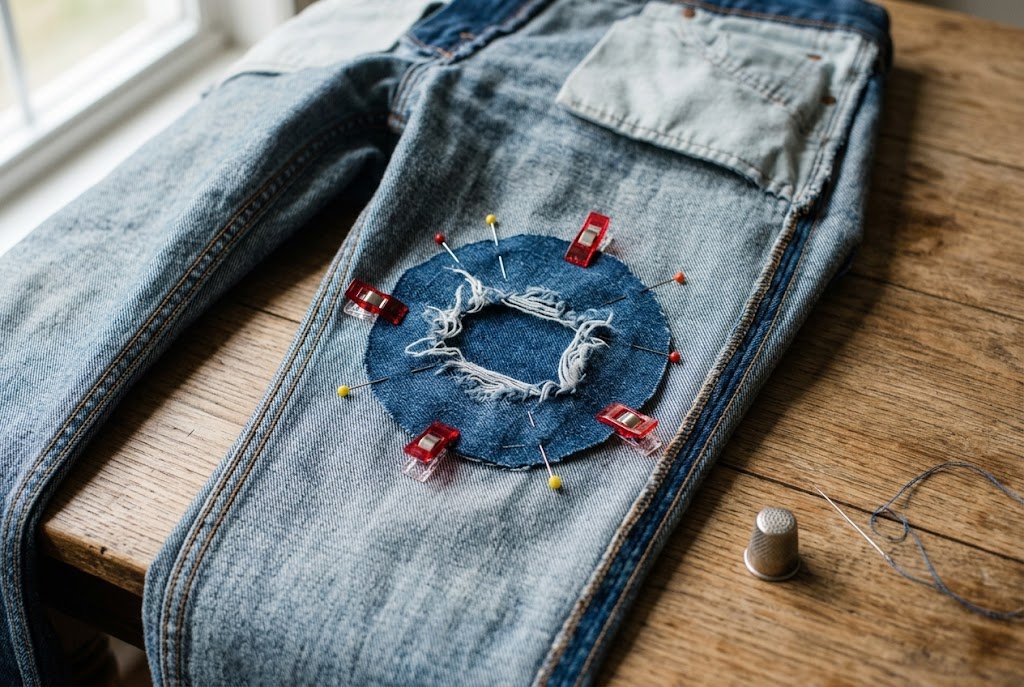 Denim patch pinned behind a large hole on the inside of jeans before stitching