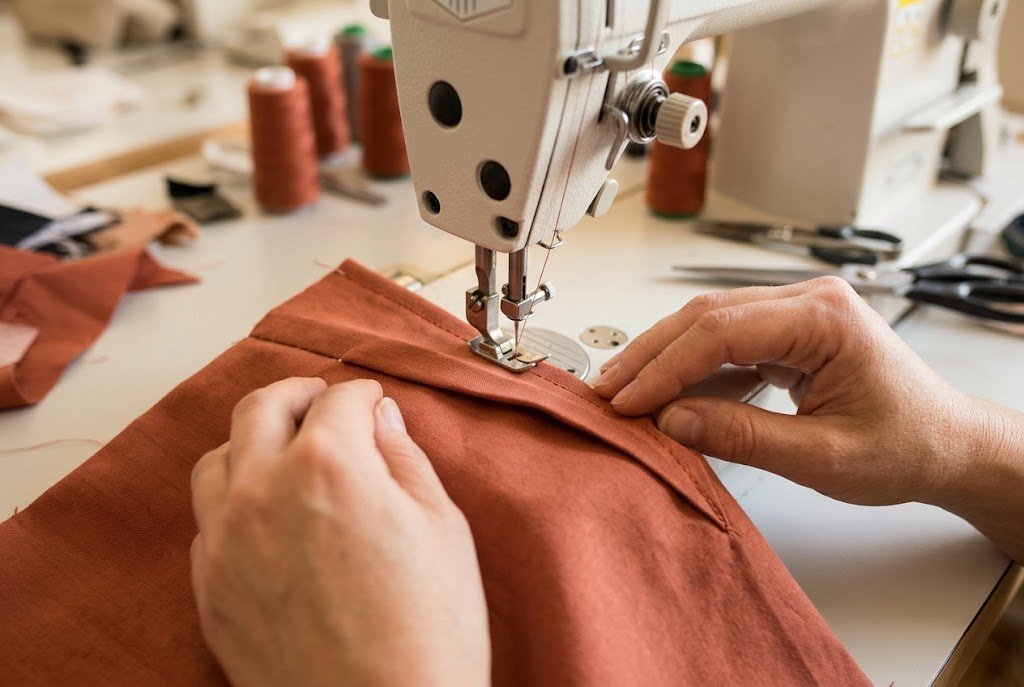 Sewing machine stitching a folded fabric dart toward its point