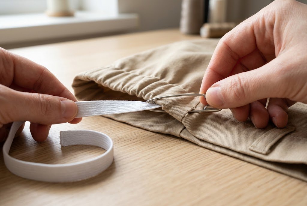 Threading elastic through a waistband casing with a safety pin while holding the other end