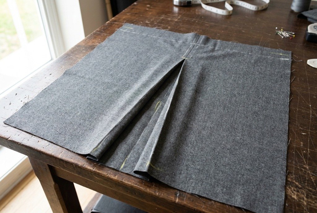 Grey fabric with an inverted pleat and visible chalk marking lines