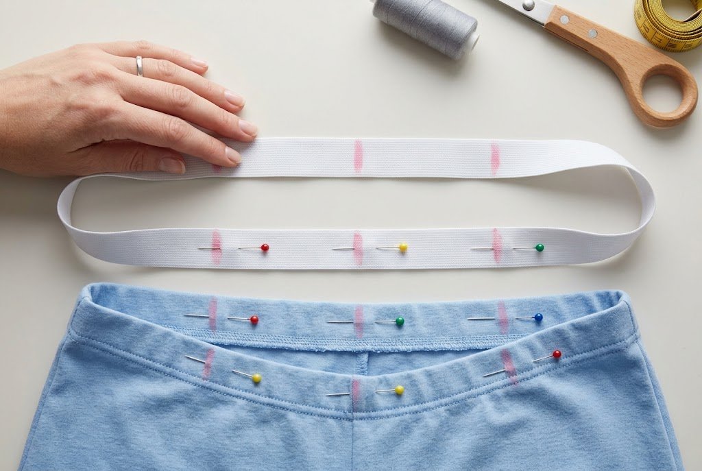 Elastic loop and fabric waist marked into four equal sections with pins and chalk