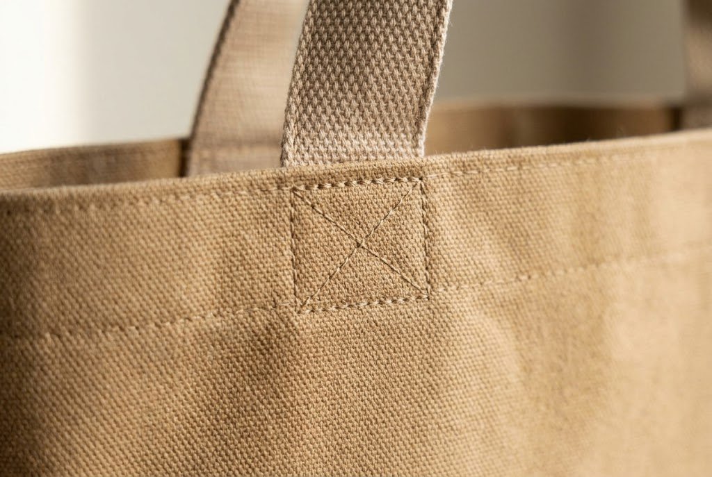 Close-up of a box-X reinforcement stitch securing a fabric handle to a canvas tote bag