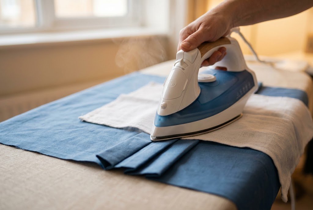 Hand pressing a knife pleat with an iron and pressing cloth