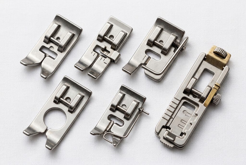 Assortment of sewing machine presser feet laid out for zipper, buttonhole, and quilting work