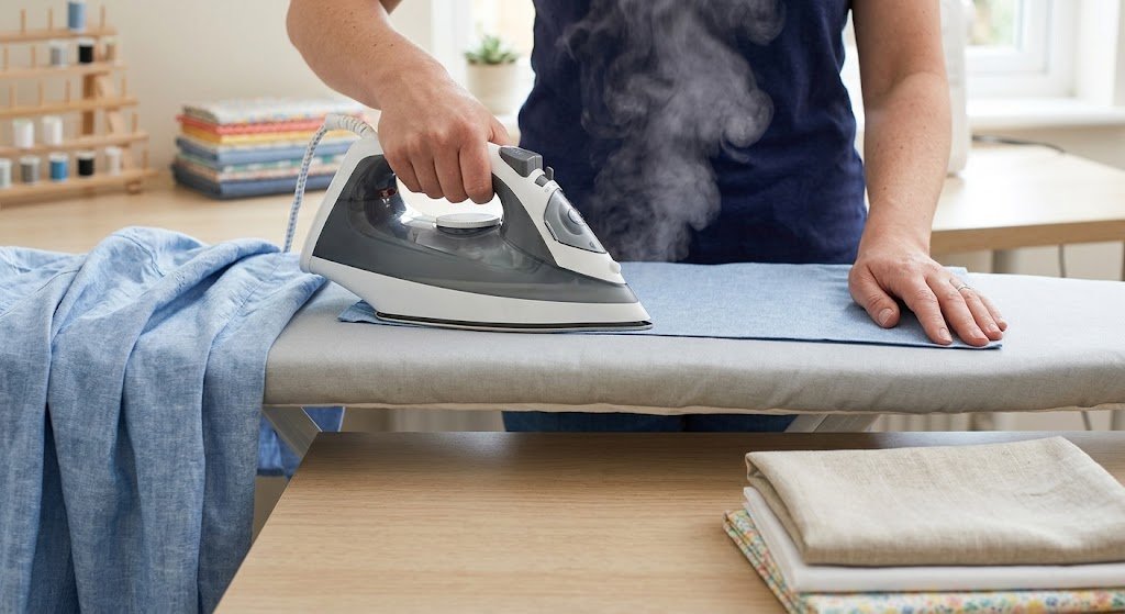 Pressing prewashed cotton fabric with a steam iron on an ironing board before cutting a shirt
