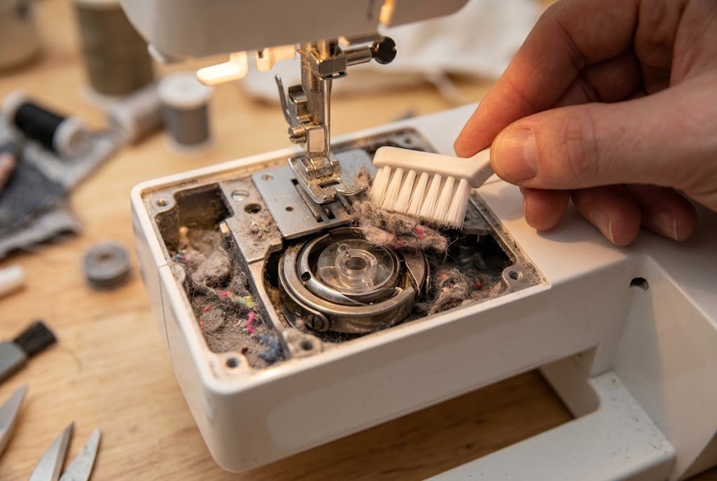 Person cleaning lint from a sewing machine bobbin area with a small brush