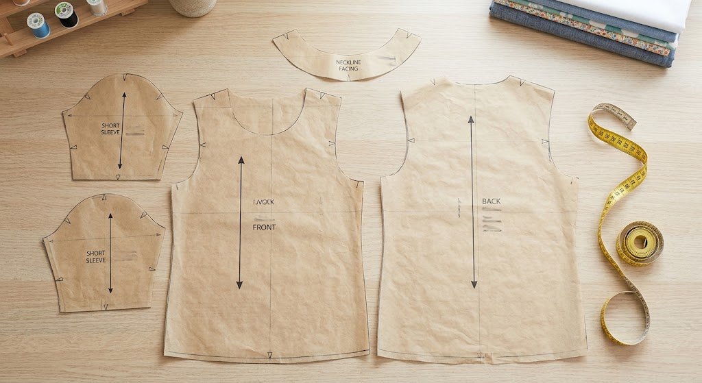 Paper pattern pieces for a simple short-sleeve shirt laid out on a cutting table
