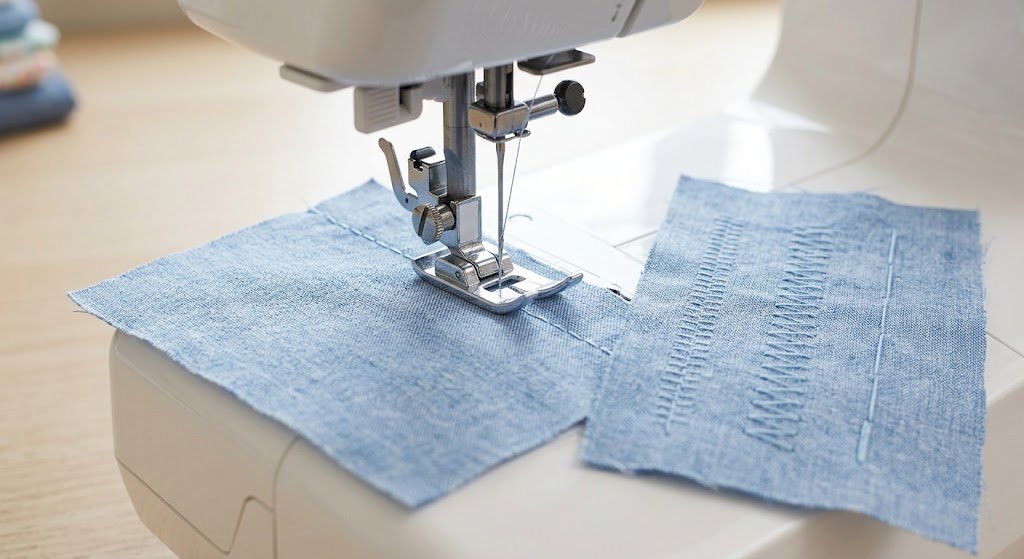 Testing machine stitches on a fabric scrap before sewing a shirt