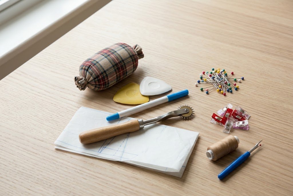 Sewing tools for marking and stitching darts arranged on a wooden surface