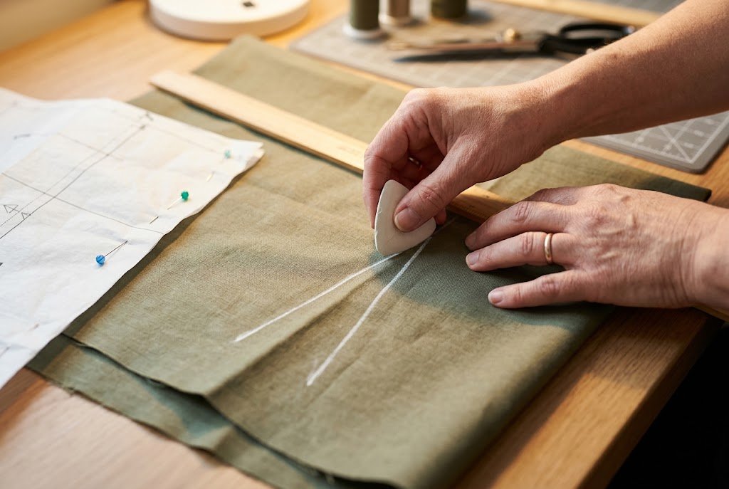 Hands marking dart legs and point on fabric with tailor's chalk