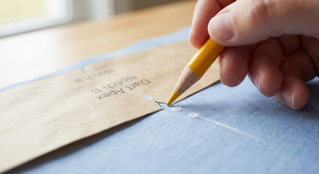 Transferring pattern notches and dart markings onto shirt fabric with tailor's chalk