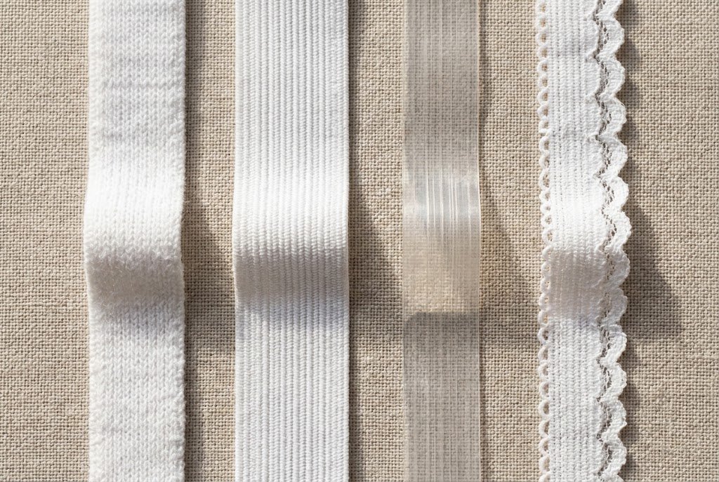 Four types of elastic for waistbands: knit, woven non-roll, clear, and lingerie elastic