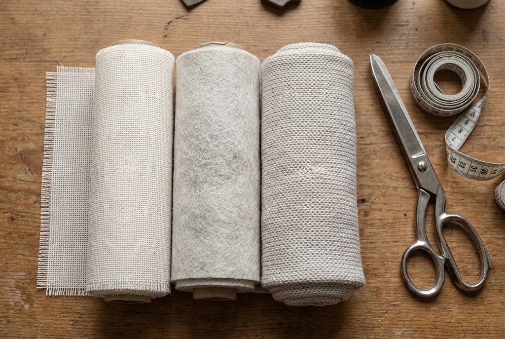 Rolls of woven, nonwoven, and knit interfacing laid out on a sewing table