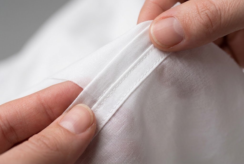 Close-up of a finished French seam showing the enclosed raw edge inside the fold