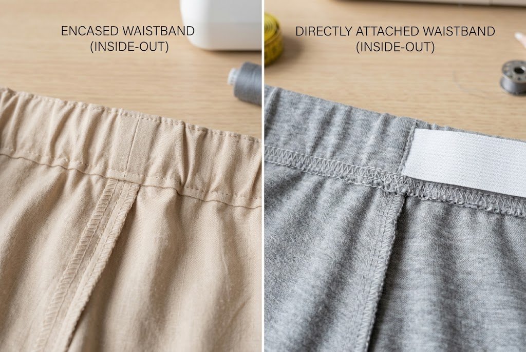 Comparison of an encased elastic waistband and a directly attached elastic waistband on two fabric samples