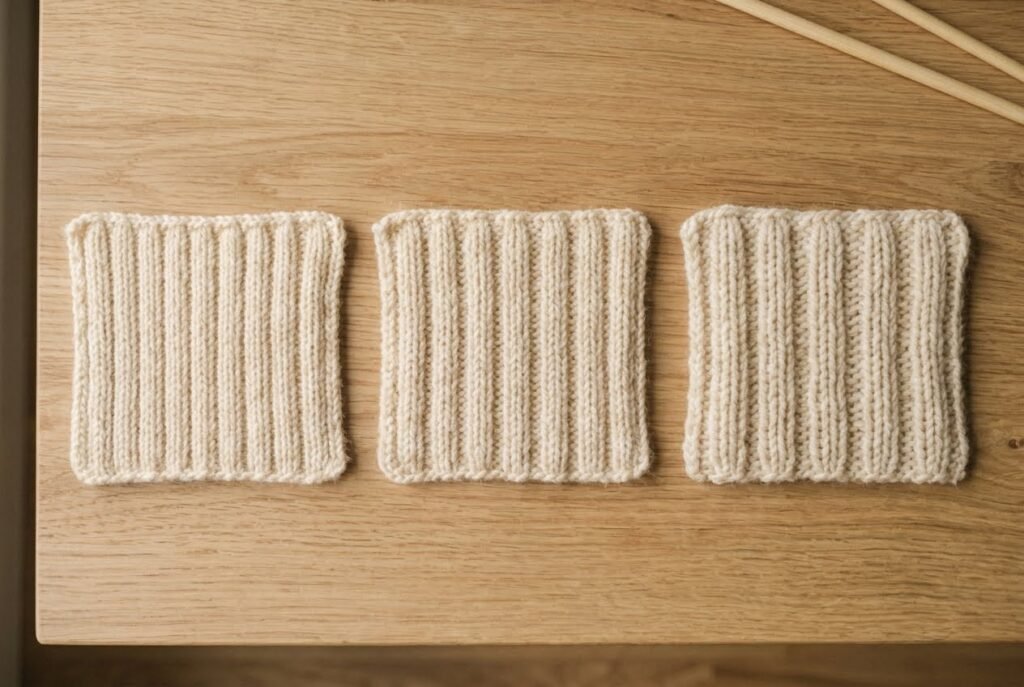 Three cream knitted swatches comparing 1×1, 2×2, and 3×3 ribbing column widths