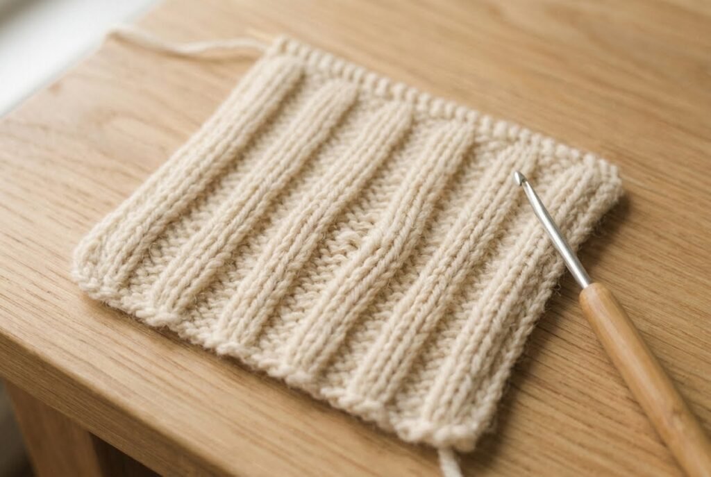 Ribbing with one misplaced stitch breaking a column, with a crochet hook ready to fix it