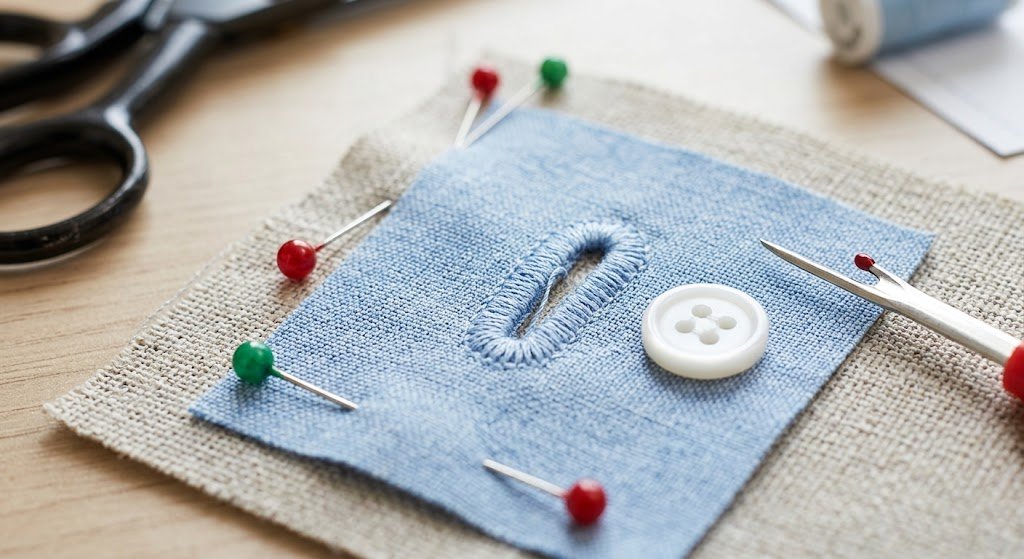 Test buttonhole stitched on a fabric scrap next to a white shirt button