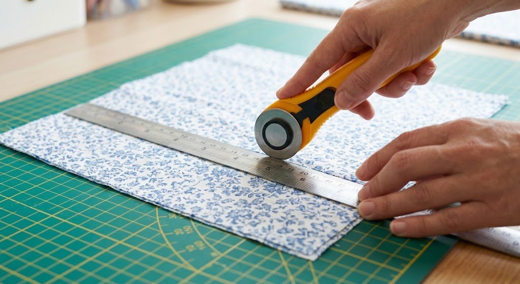 Cutting an accurate fabric square for a bandana with a rotary cutter and ruler