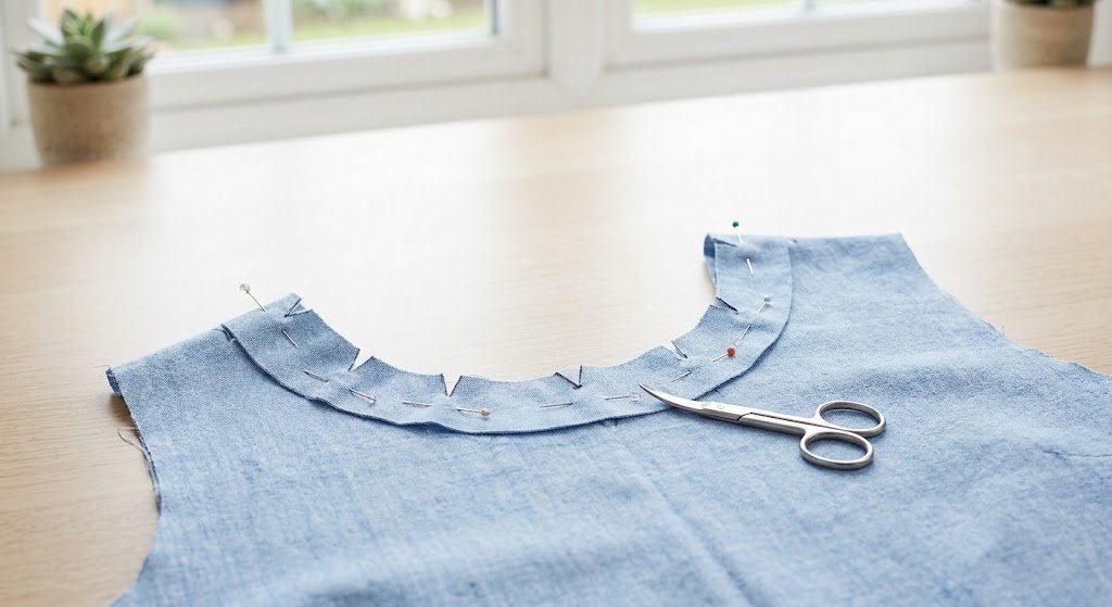Shirt neckline facing pinned in place with clipped curves ready to be stitched