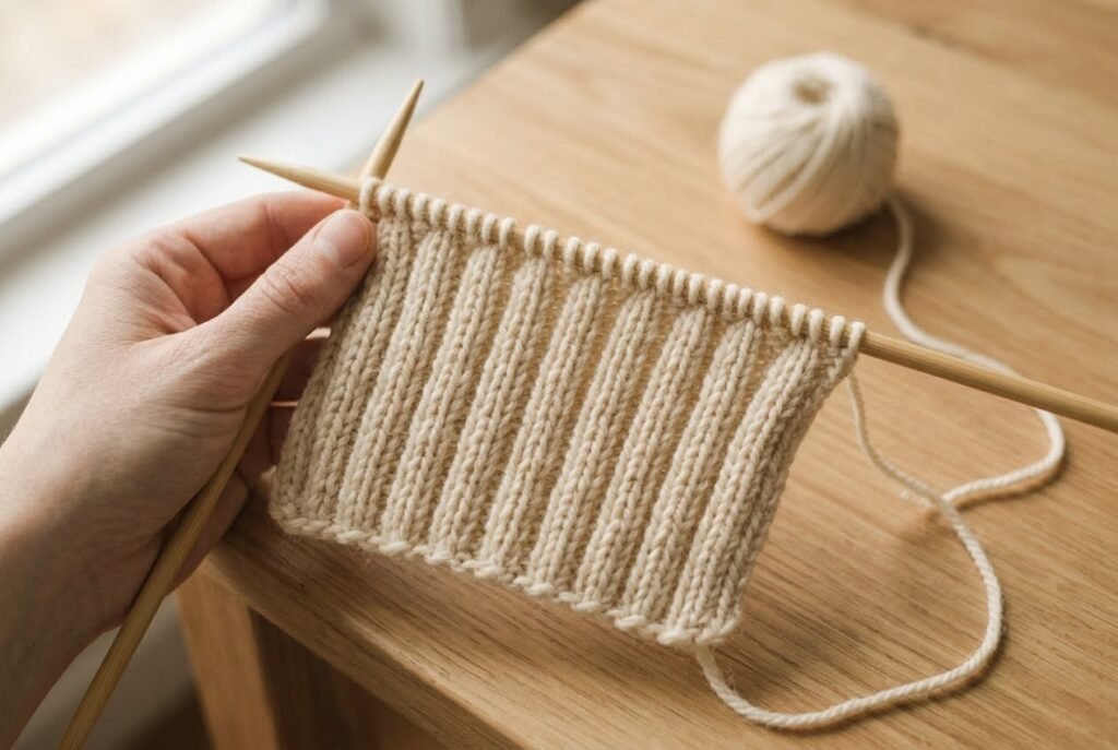 A 1×1 ribbing swatch in cream wool on wooden knitting needles showing narrow alternating columns