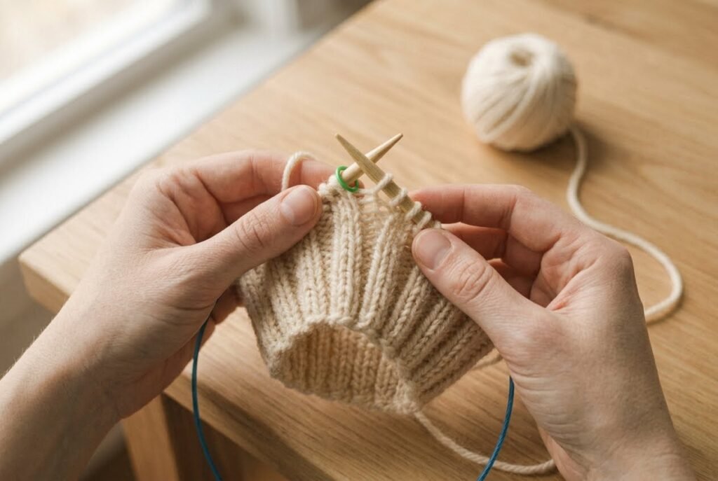 Hands knitting 1×1 ribbing in the round on a circular needle with a stitch marker