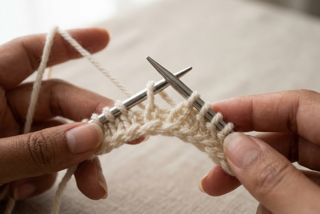 Right needle entering an untwisted yarn-over loop when working the next row