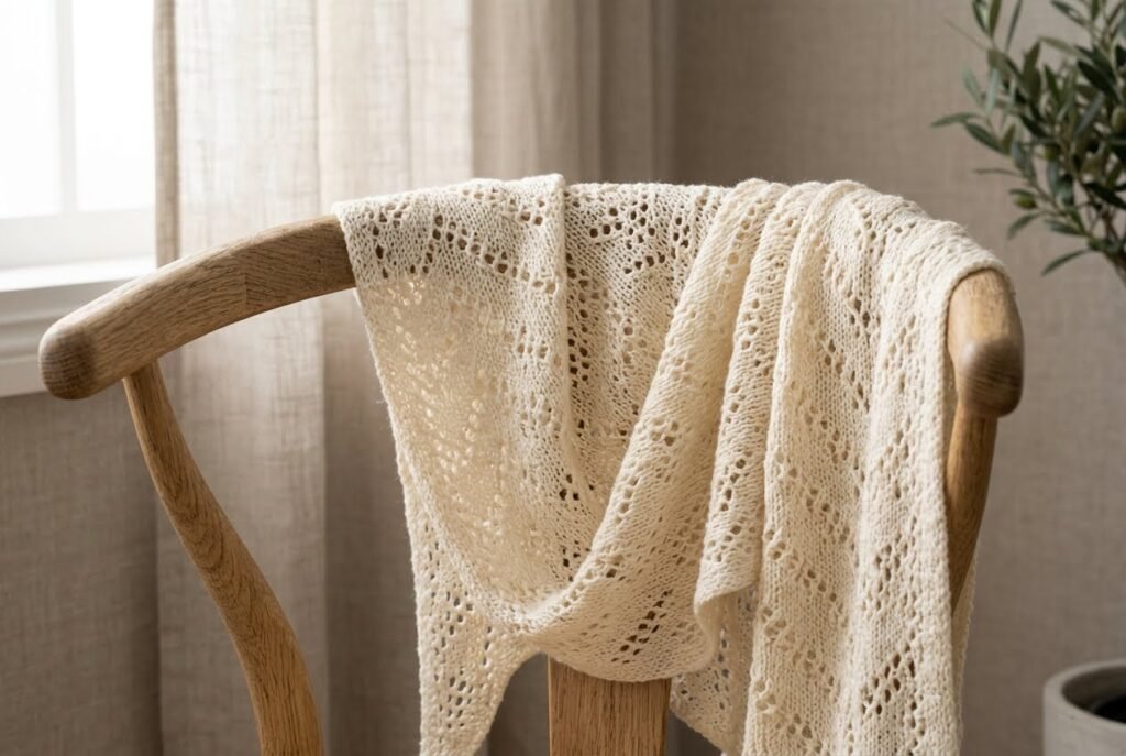 Cream lace shawl with repeating eyelet pattern made using yarn overs and decreases