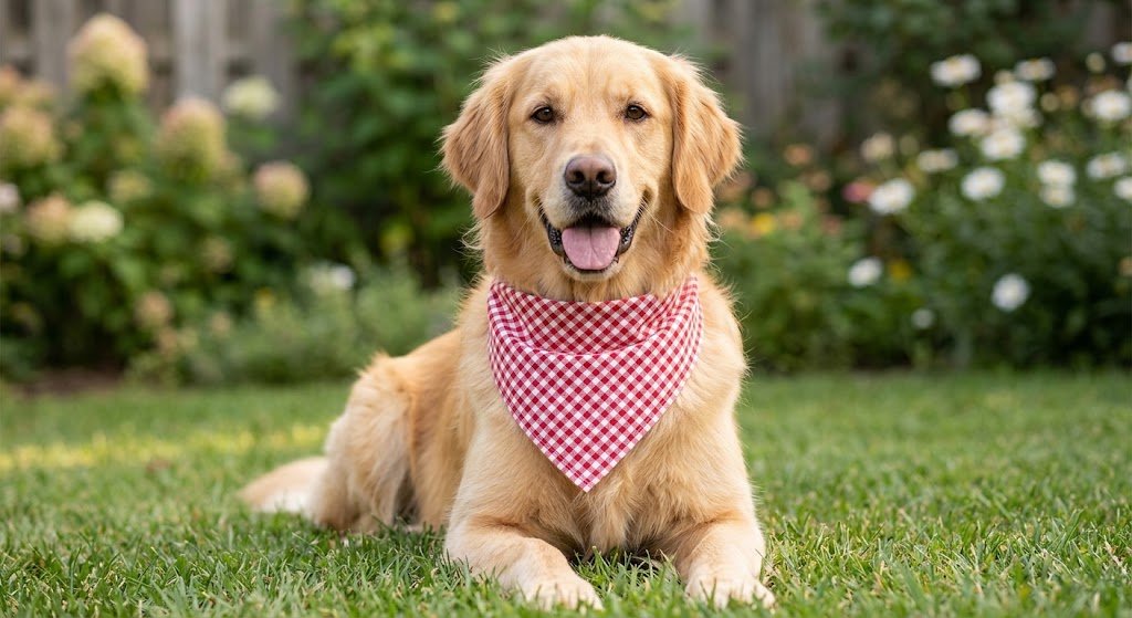 Golden retriever wearing a handmade checked cotton pet bandana over its collar