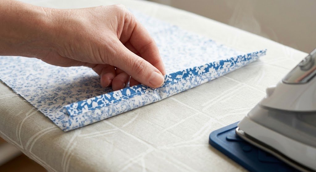 Pressing a ¼-inch first fold along the raw edge of a bandana square