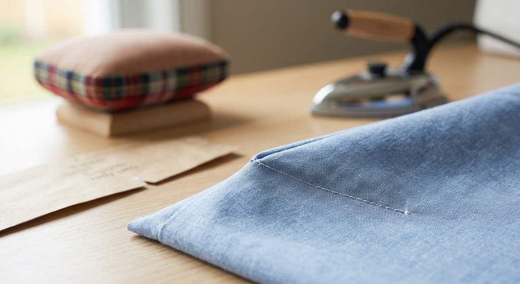 Stitched bust dart with a clean tapered point on cotton fabric
