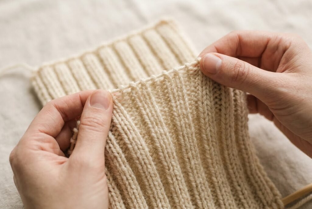 Hands gently stretching a cream knitted ribbing sample to show how the rib columns open
