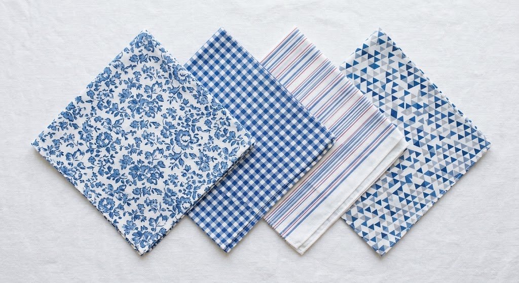 Homemade bandanas in floral, gingham, striped, and geometric cotton prints laid out in a flat lay