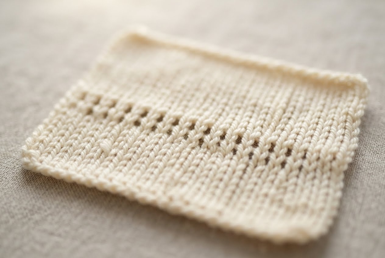Close-up of a cream knitted swatch showing a row of small eyelets created by yarn overs