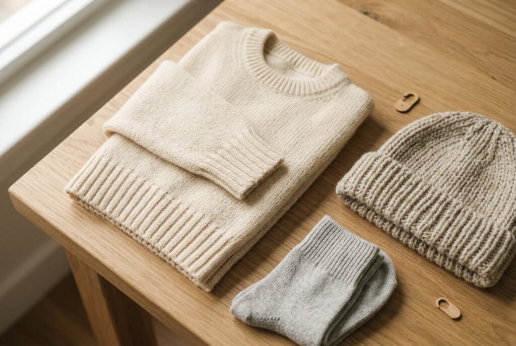 Flat lay of a sweater, hat, and socks showing ribbed cuffs, brim, and hems
