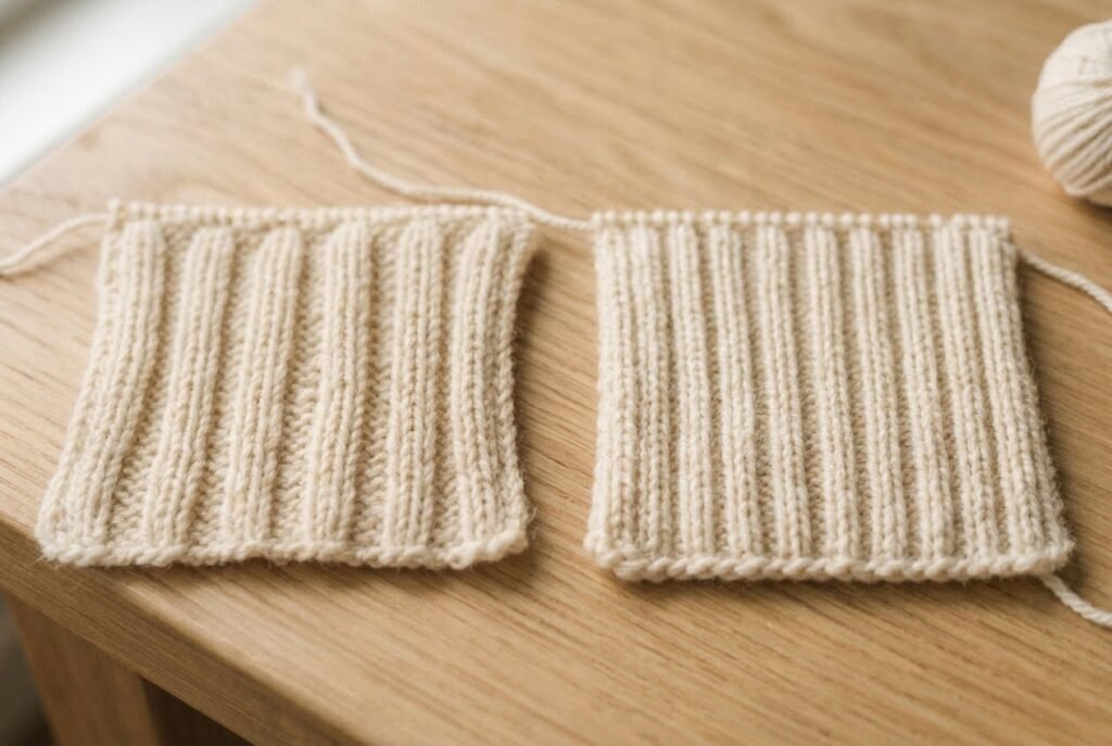 Comparison of a loose, uneven ribbing swatch and a neat, evenly tensioned one